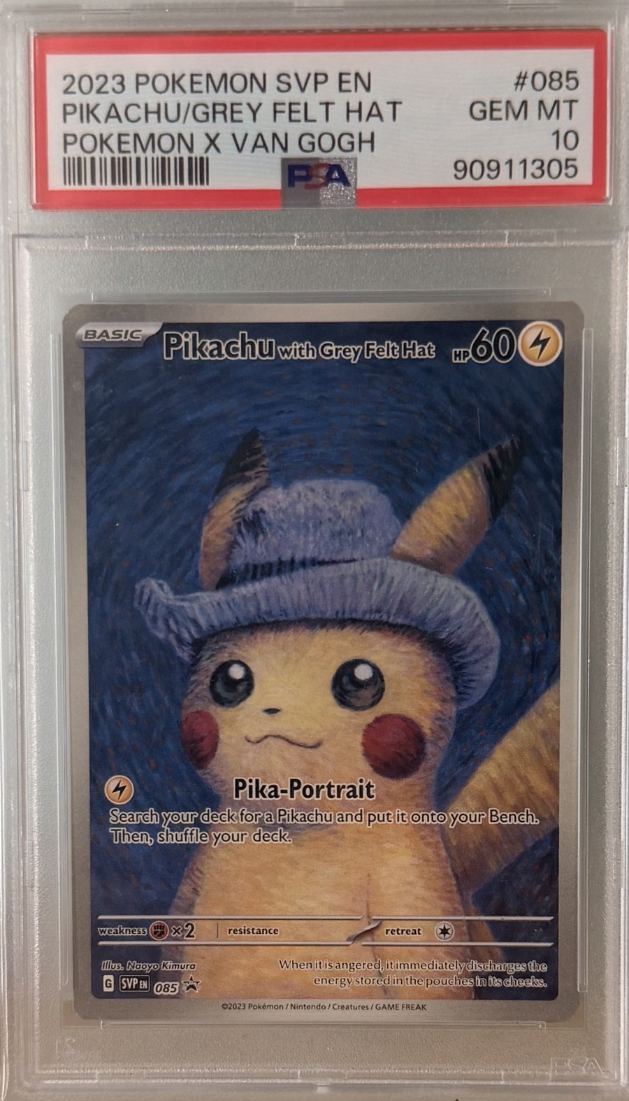 PSA 10 Pikachu with Grey Felt Hat Pokémon × Van Gogh · SVP Black Star Promo #085 — cert 90911305